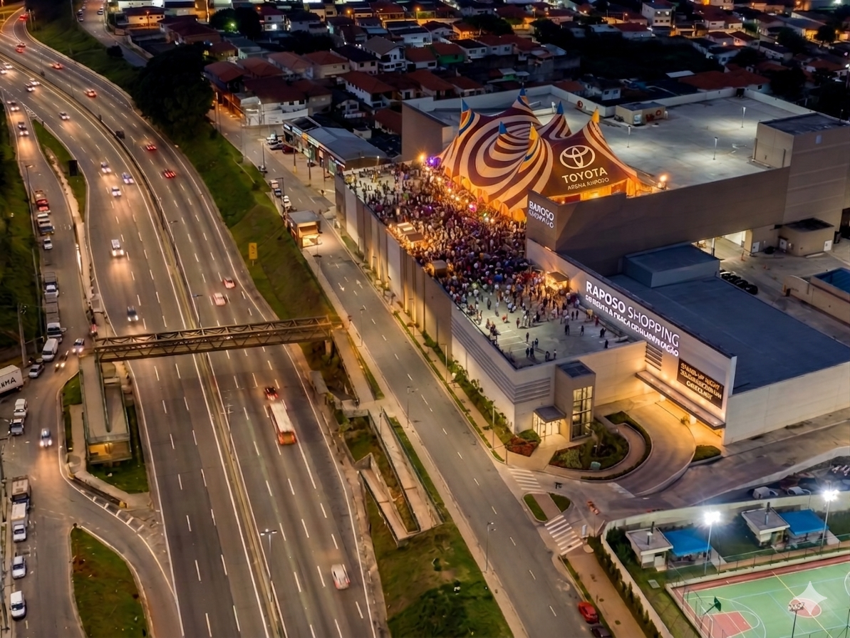 Vista aérea noturna da Arena Lona Raposo, com a tenda iluminada ao lado da Rodovia Raposo Tavares